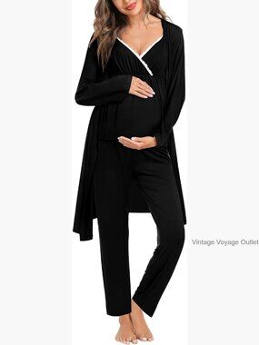 Maternity Nursing Pajama Set 3 Piece Breastfeeding Robe Labor Delivery